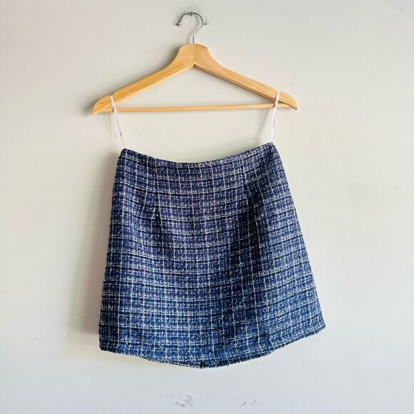 Lulu's Executive Aesthetic Shiny Navy Blue Tweed Mini‎ Skirt Clueless Metallic - Picture 1 of 10